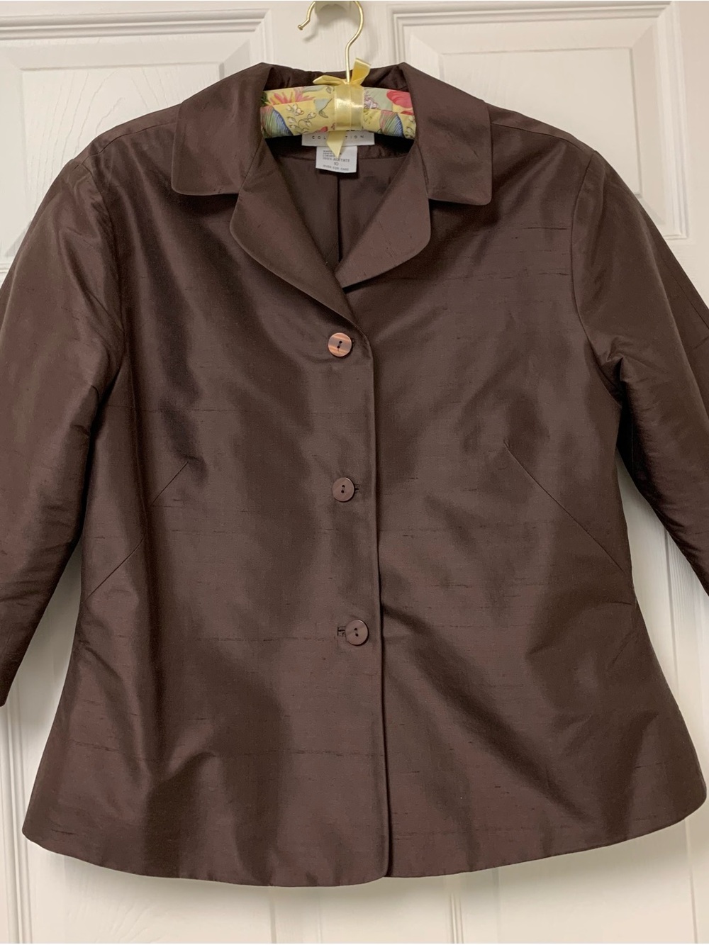 Silk Club Brown Women's Button-Front 3/4 sleeve 100% Silk Cropped Blazer